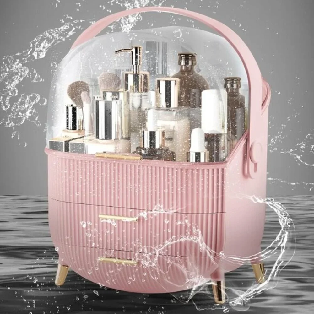 New Makeup Organizer with Lid & Drawers, Skincare & Cosmetic Storage in Pink